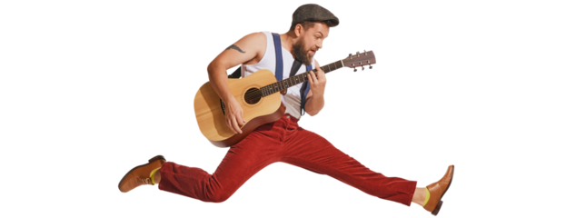 Expressive musician wearing retro style clothes playing guitar like rockstar isolated on transparent background. Vintage fashion, music, art, emotions, music festiva concept. Copy space for ad