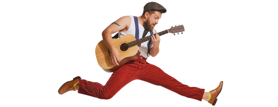 Expressive musician wearing retro style clothes playing guitar like rockstar isolated on transparent background. Vintage fashion, music, art, emotions, music festiva concept. Copy space for ad