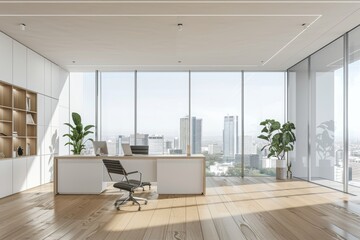 Fototapeta premium Workplace interior with glass doors, windows, and a CEO desk