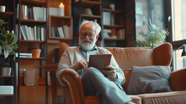 Elderly professional using tablet in a modern living room, remote work, technology, happy and focused, comfortable environment, detailed realism