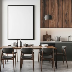 The interior of a home kitchen with a dinner table and cooking cabinet. Mockup poster of the interior