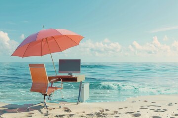 The remote work desk is on a beach, accompanied by office tools and accessories.