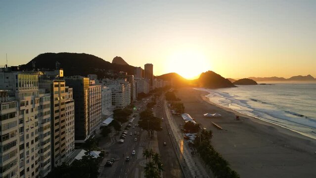 Atlantica Avenue With Buildings and Copacabana Beach in Rio de Janeiro on Sunrise
