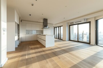 This mockup shows a modern kitchen interior with a white wall, natural lighting, and wooden elements. 3D render showing the concept.