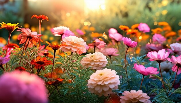 Kolorowe kwiaty w ogrodzie: cynie, gerbery, stokrotki, 