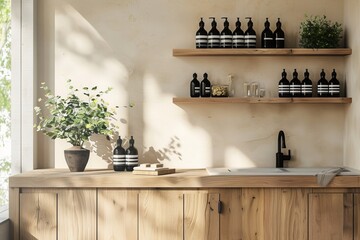 Interior of light kitchen set with sink, deck, kitchenware, and window