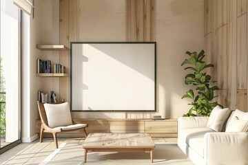 Interior of a light chill room with an armchair and a television near a panoramic window. Mockup display.