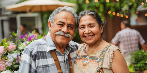 Naklejka premium Elderly couple smiling in garden