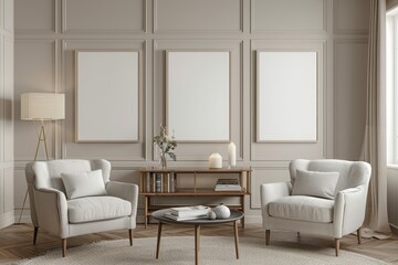 Chill interior with chairs and coffee table, mockup frames, and decorations