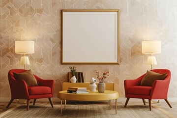 An interior mockup showing a stylish meeting area with two seats, a shelf, and a mockup frame with decoration