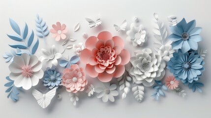 3d paper flowers isolated on white background, decorative design elements, greeting card