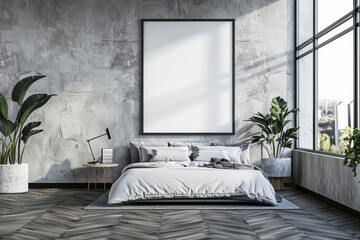Mockup frame of a stylish bedroom interior with a bed, dresser, and a panoramic window.
