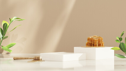 3D background display stand with honey on white podium for product presentation in landscape
