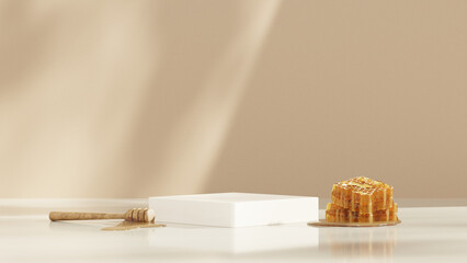 3D background display stand with honey on white podium for product presentation in landscape