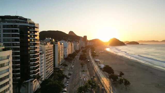 Atlantica Avenue With Buildings and Copacabana Beach in Rio de Janeiro on Sunrise