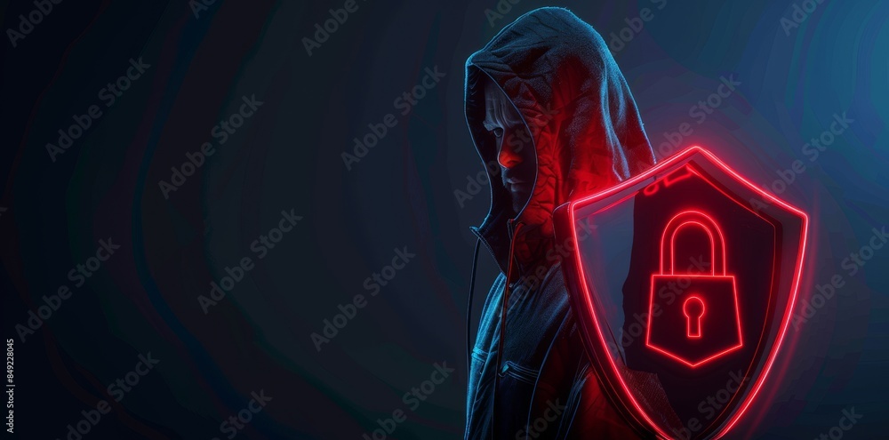 Poster cybersecurity holograms and lock icons for hacker attacks