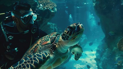 Obraz premium Scuba diver swimming gracefully over a vibrant coral reef, surrounded by colorful tropical fish and animals, bucket list lifestyle concept