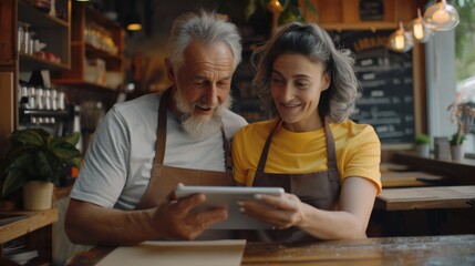 The cafe owners using tablet