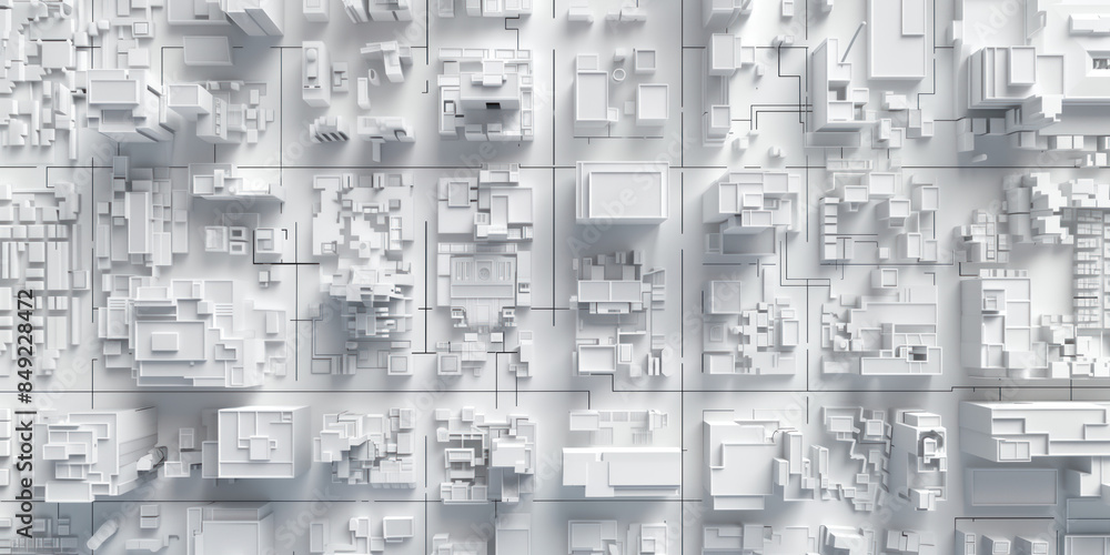 Poster birds eye view of a modern city. urban concept. white clay 3d rendering. created with generative ai 