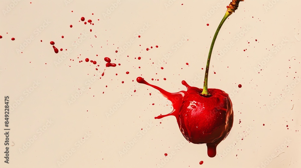 Poster a cherry exploding with a red juice splash.