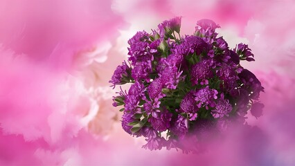 Obraz premium Selective focus on purple statice flower bouquet on pastel pink and white background