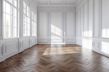 Obraz premium An empty living room in a beige home with a panoramic view of the tropics