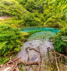 A view from the river bank over the river flowing from the Blue eye spring in Muzine, Albania in...