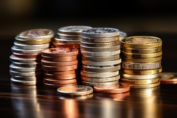 Euro money currency coins stacked on each other in different positions in the cont, generative IA
