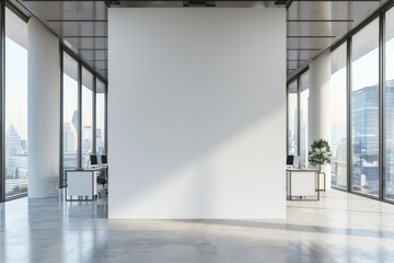 Interior design of a white business office with a coworking area and a window, mockup wall