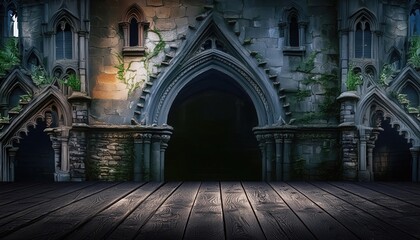 Ancient Mysterious Wooden Doors in a Dark Fantasy Temple Corridor