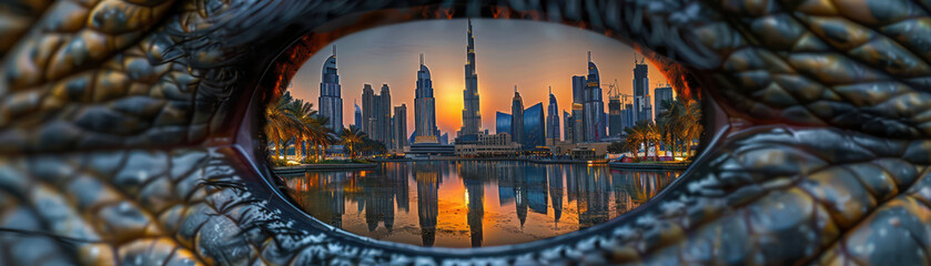 Naklejka premium Stunning Cityscape Reflected in Animal Eye Capturing Urban Beauty Through Nature's Lens Surreal Sunset Skyline and Metropolitan Charm in Frame