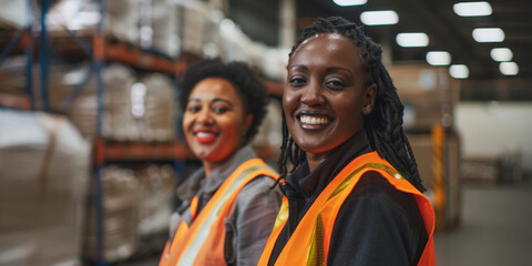 Naklejka premium Two women in warehouse work uniforms
