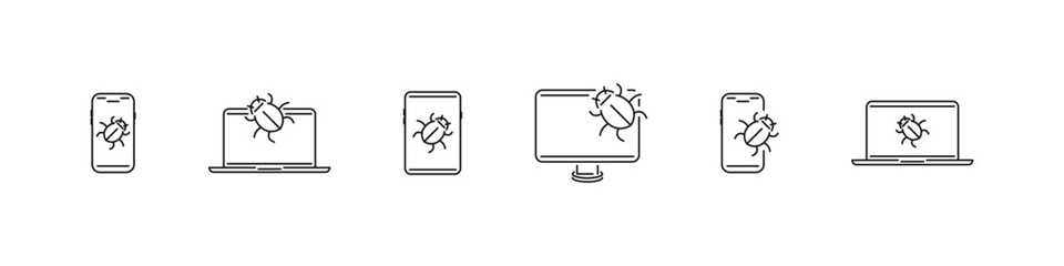 Device bug vector icon set. Malware software on computer or phone concept icons. Cyber protection outline symbols.
