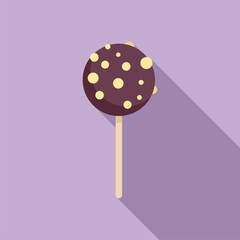 Round chocolate cake pop dipped in chocolate coating and topped with white chocolate chips on a stick, isolated on a solid background