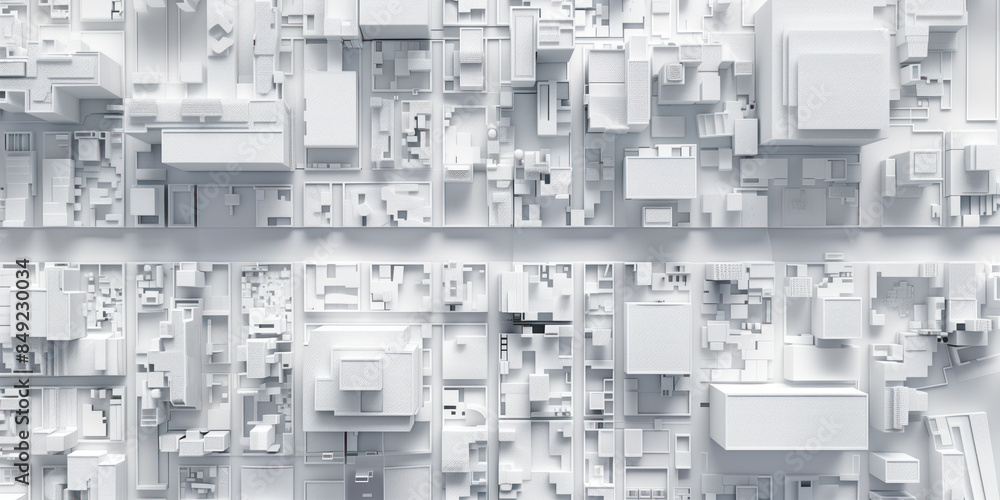 Poster birds eye view of a modern city. urban concept. white clay 3d rendering. created with generative ai 