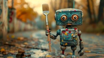 Robot holding a paintbrush. A classic image symbolizing the intersection of technology and traditional artistic expression.