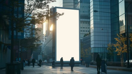 Pedestrian plaza billboard mockup with winter trees and retail buildings. AI-based display concept.
