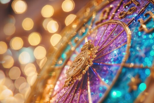Close-up of an ornate horoscope wheel with golden zodiac signs. Sparkling purple and blue segments with bokeh lights. Astrology and celestial design.