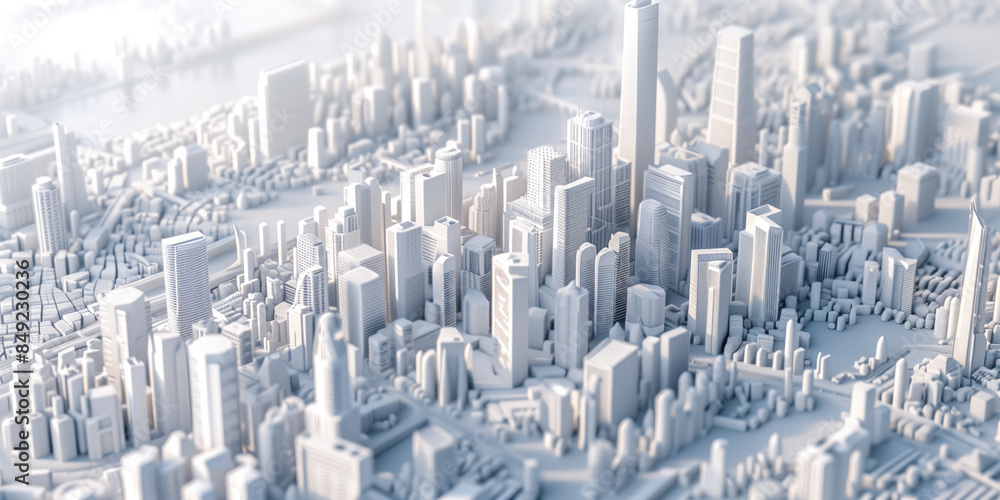 Poster birds eye view of a modern city. urban concept. white clay 3d rendering. created with generative ai 
