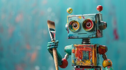 Robot holding a paintbrush. A classic image symbolizing the intersection of technology and traditional artistic expression.