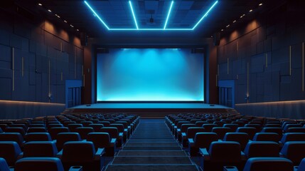 In a modern conference hall with blue lighting, a large screen and stock AI, you will see a futuristic design concept.