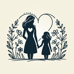 Mother's Day line art silhouette with black figures on a white background, vector style, with a heart