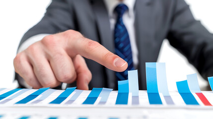 business man pointing at a financial graph with blue and grey bar charts isolated on white background