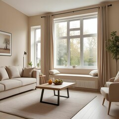 Obraz premium Beige home living room interior with eating table and relax zone, window