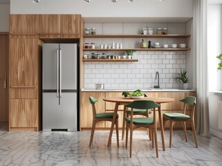 An interior with a white and green kitchen and a blank wall
