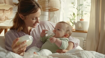 The mother feeding baby