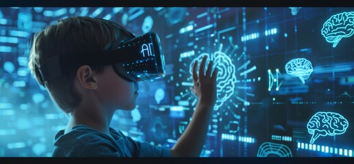 VR glasses wearer reaches out for hologram hud of digital AI brain powered by AI