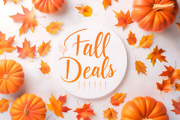 Words Fall Deals on red background with autumn leaves