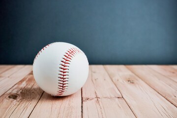 White and red colored baseball curveball equipment. Object photography isolated on horizontal ratio wooden surface background.
