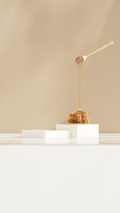 3D background display stand with honey on white podium for product presentation in portrait